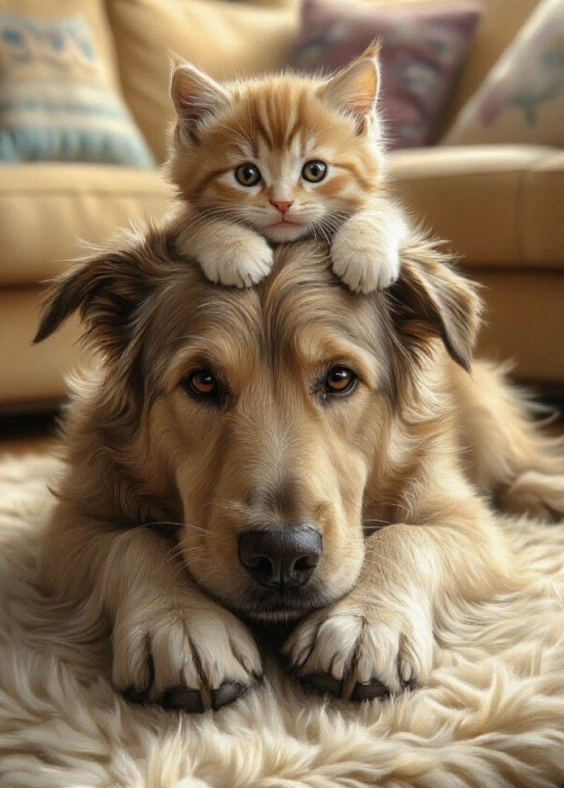 Un chien placide au pelage brun clair est couché sur un tapis de salon. Un chaton tigré et roux est couché sur la tête du chien, tous deux regardent vers l'objectif.